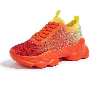 Lucky Step Women's Orange Rhinestone Sneaker Chunky Sparkly Bling Mesh Slip on